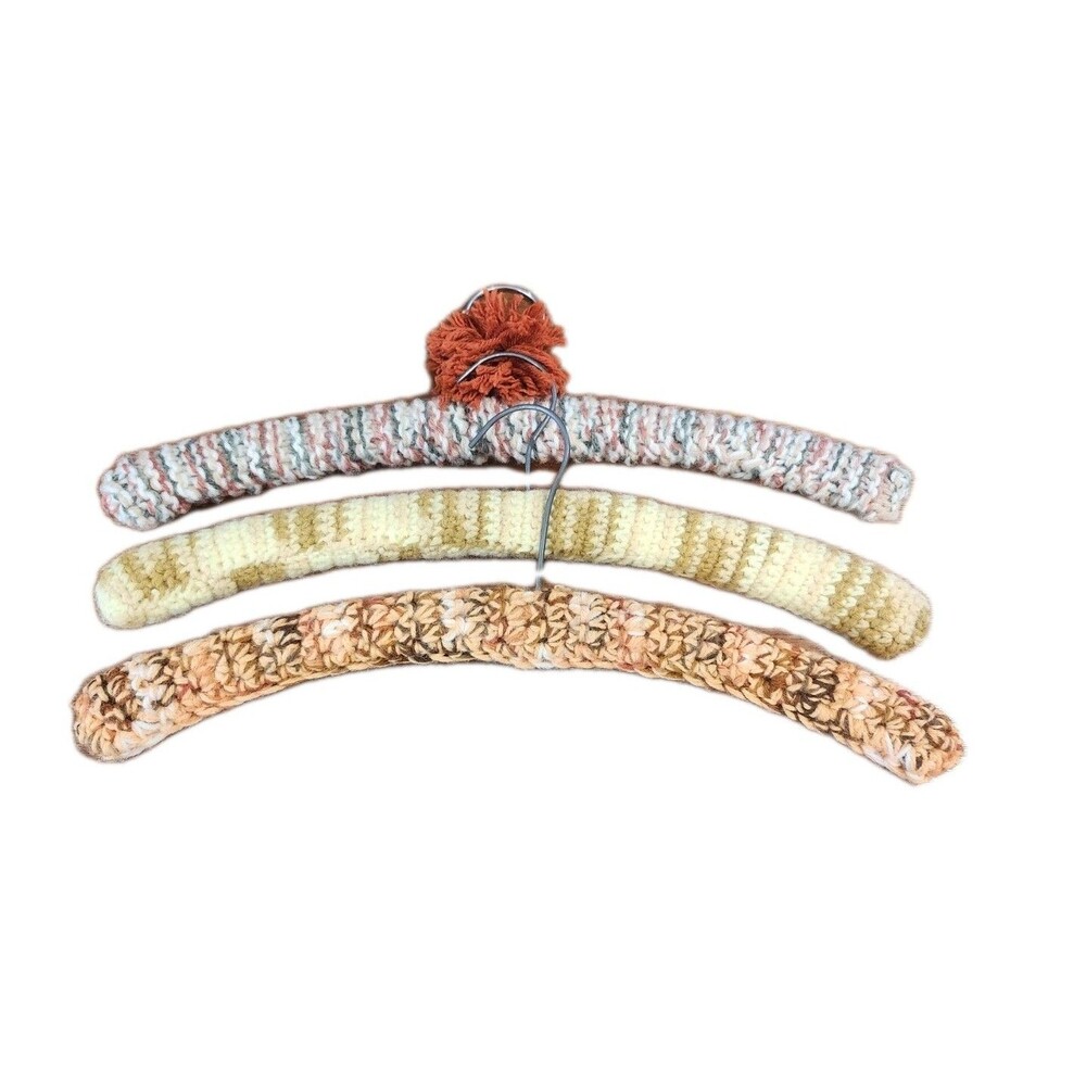 Lot of  3 Vintage Crochet Knit Covered Wooden Clothes Hangers Boho Granny Colors